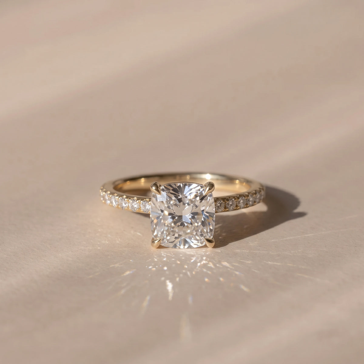 The Astra Ring — Cushion Solitaire with Pavé Band Lab-Grown Diamond Engagement Ring in Yellow Gold | The Jewel Concierge