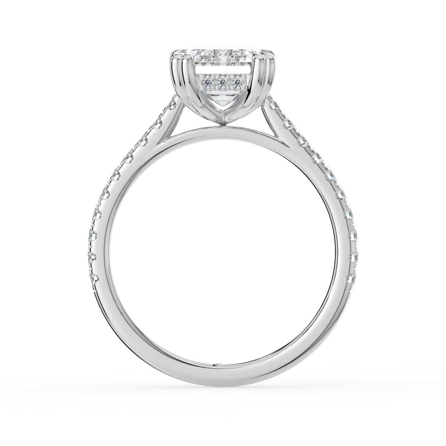 The Cara Ring - 2.00 ct. Emerald Cathedral with Hidden Halo & Pavé Band
