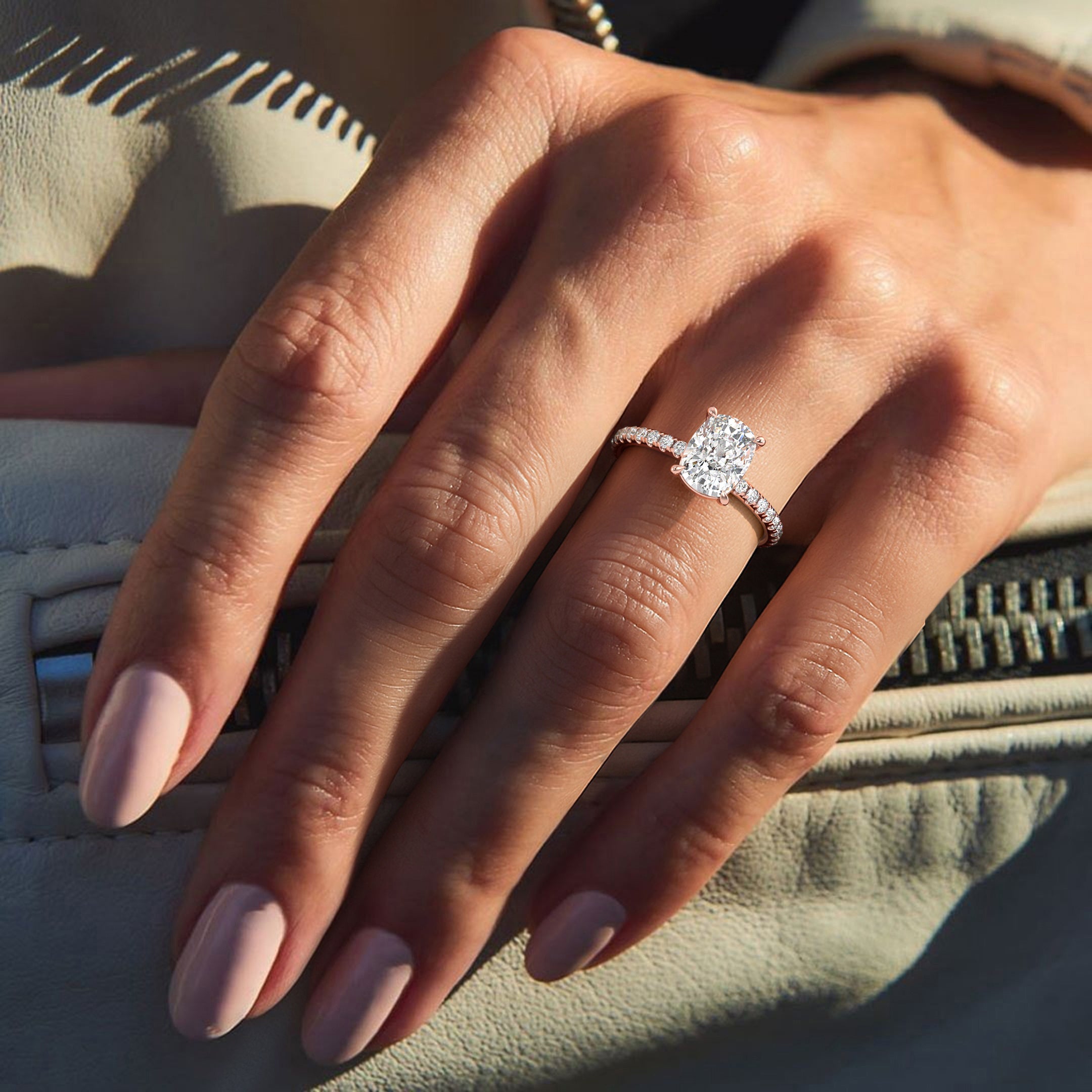 The Astra Ring - Elongated Cushion Solitaire with Pavé Band