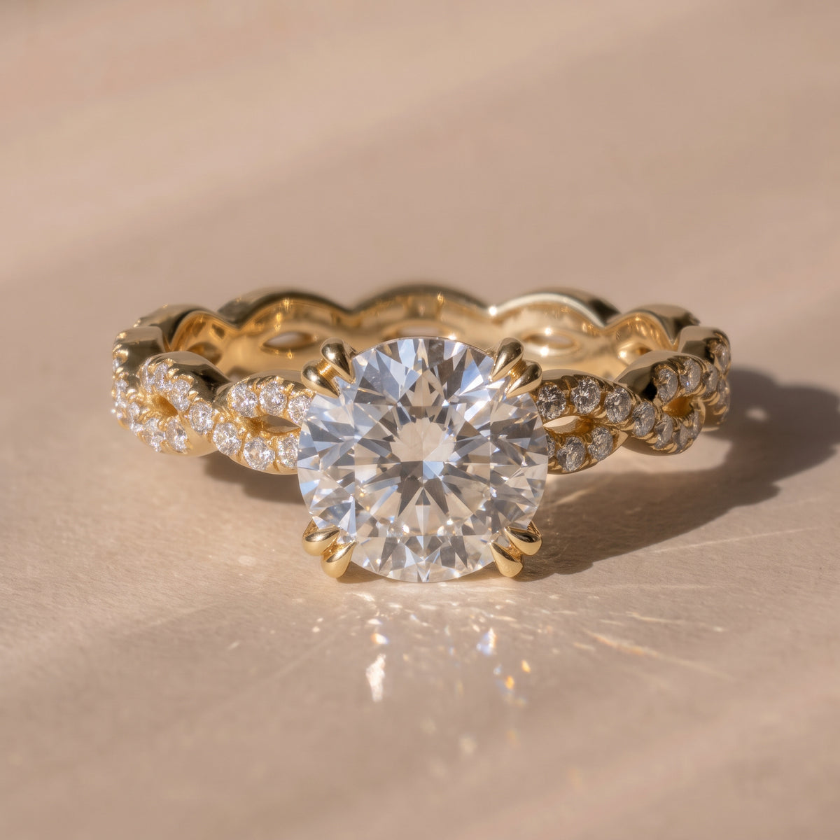 The Elysande Ring — RBC Solitaire with Braided Pavé Band Lab-Grown Diamond Engagement Ring in Yellow Gold | The Jewel Concierge