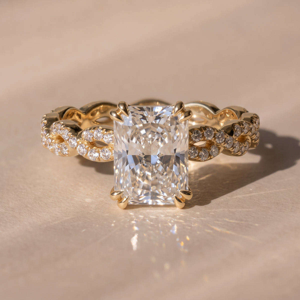 The Elysande Ring — Radiant Solitaire with Braided Pavé Band Lab-Grown Diamond Engagement Ring in Yellow Gold | The Jewel Concierge