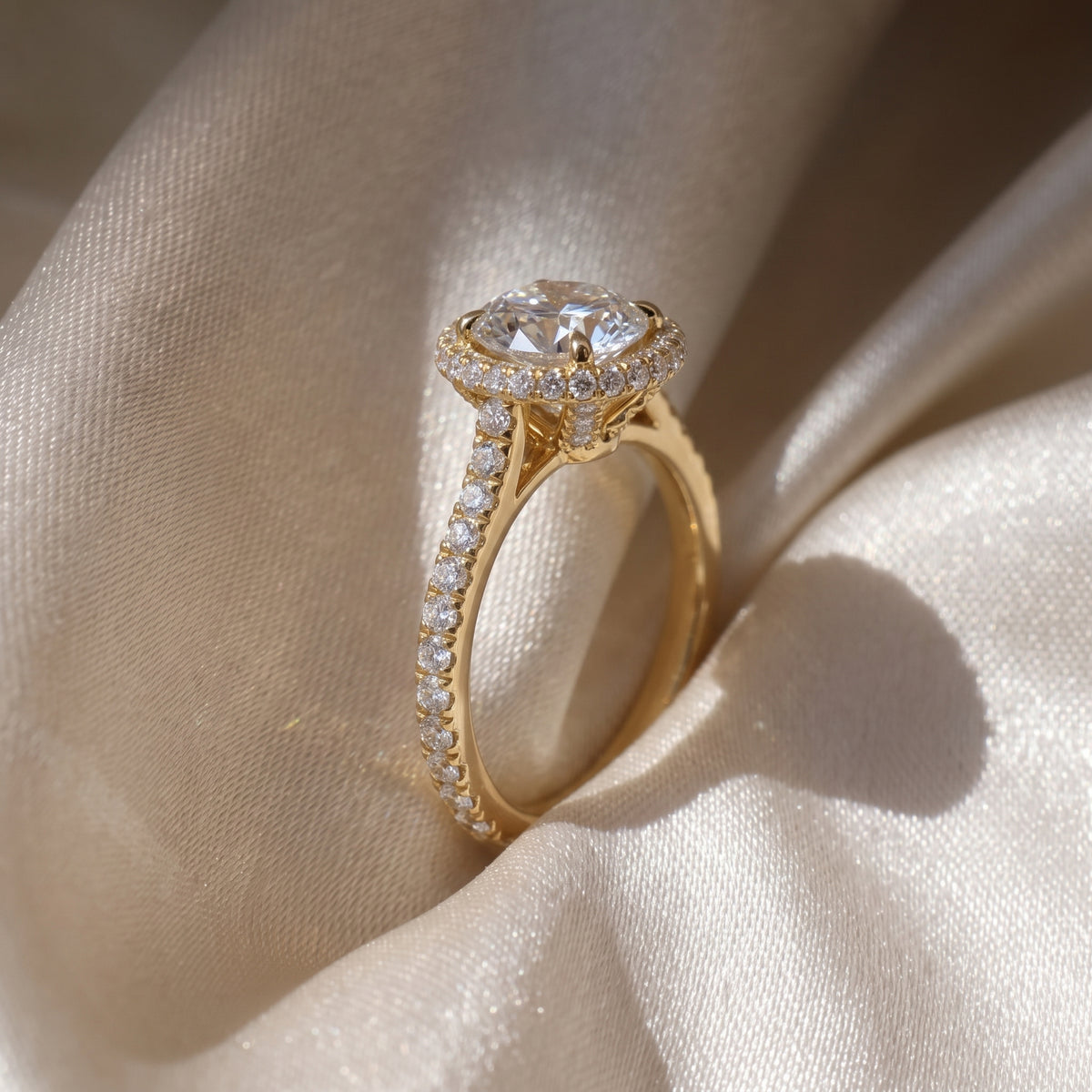 The Gemma Ring — Round Orbital Halo Cathedral with Pavé Band Lab-Grown Diamond Engagement Ring in Yellow Gold | The Jewel Concierge