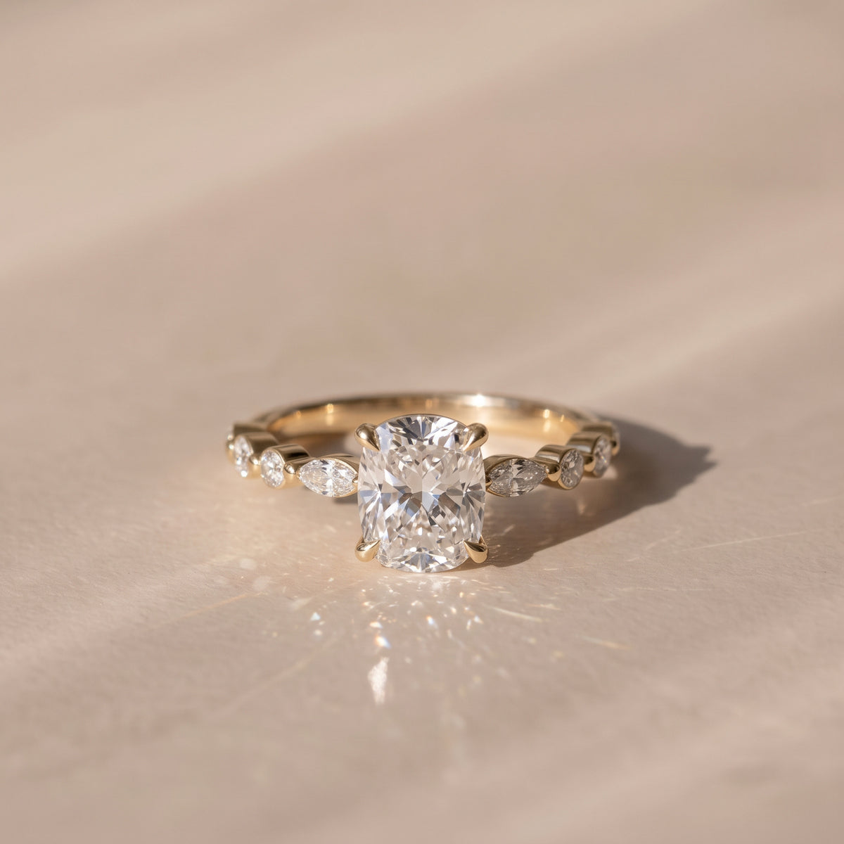 The Vega Ring — Cushion with Marquise & Round Accents Lab-Grown Diamond Engagement Ring in Yellow Gold | The Jewel Concierge