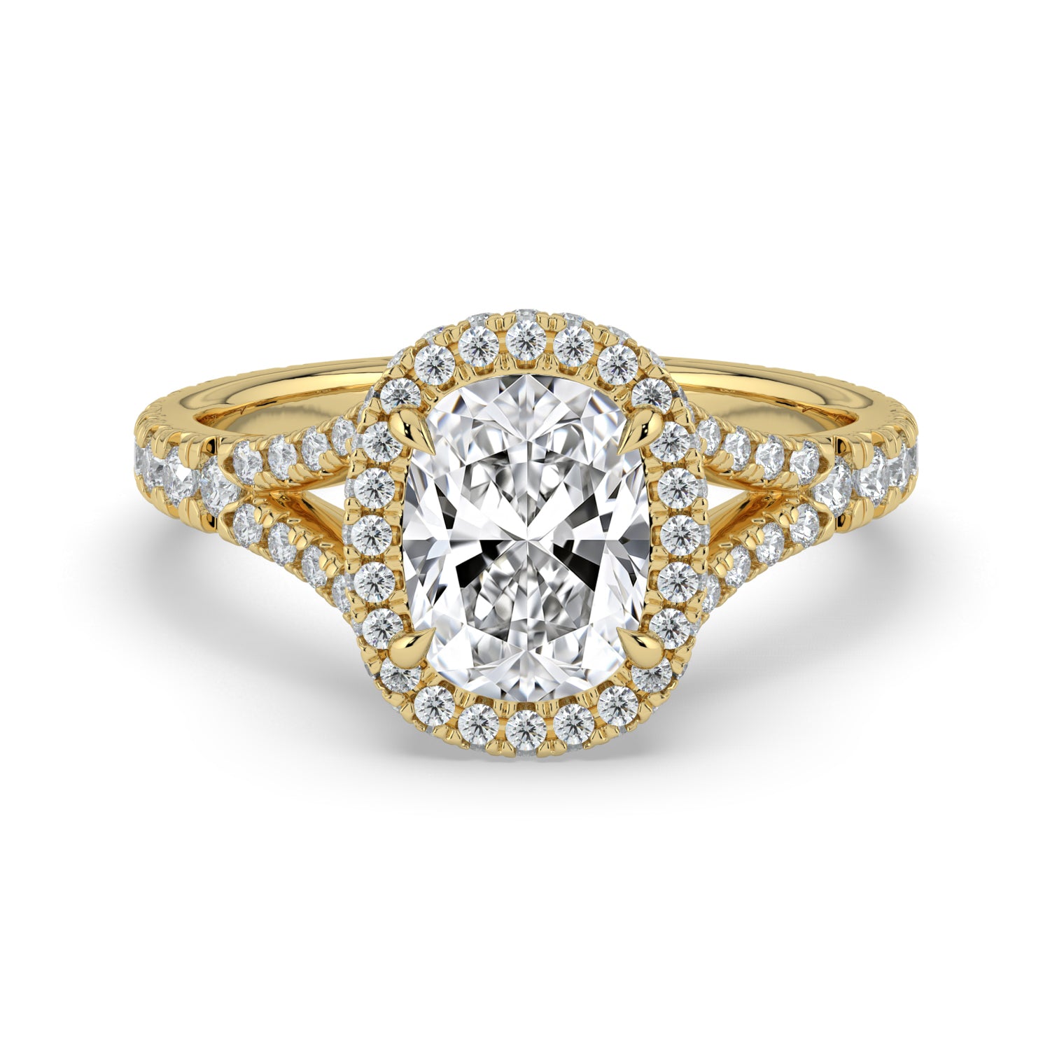 The Elara Ring - Elongated Cushion Orbital Halo with Split Pavé Band