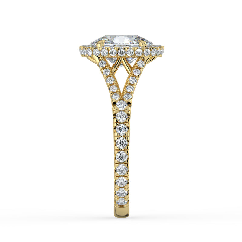 The Elara Ring - Elongated Cushion Orbital Halo with Split Pavé Band