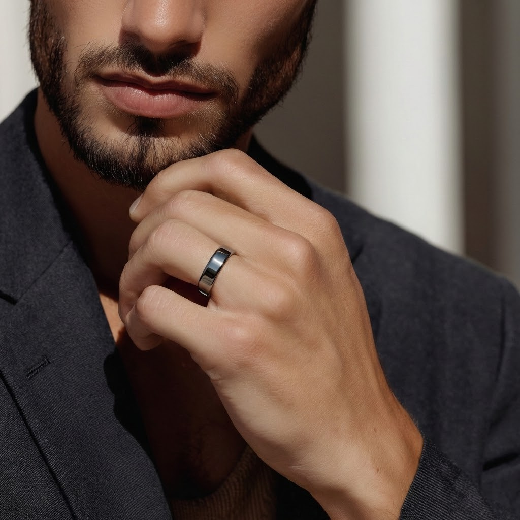 Close-up image of a man wearing The Dakota Ring, finished in zirconium | The Jewel Concierge