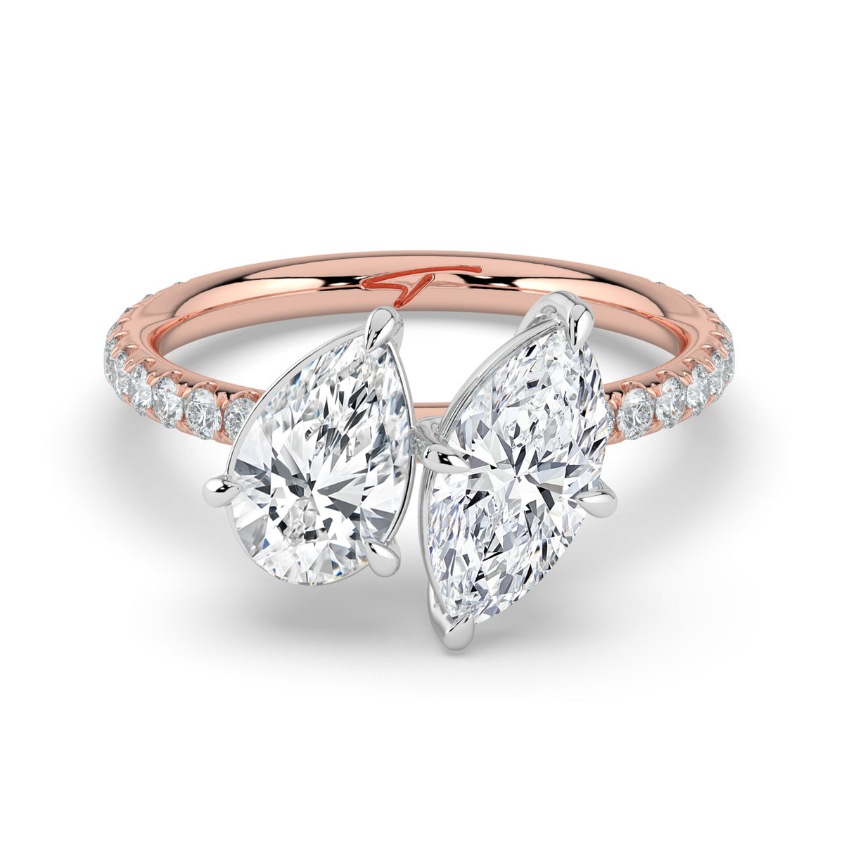 The Emilia Ring — Pear and Marquise Pavé Band Toi Et Moi Lab-Grown Diamond Engagement Ring in Two-Tone Rose and White Gold | The Jewel Concierge
