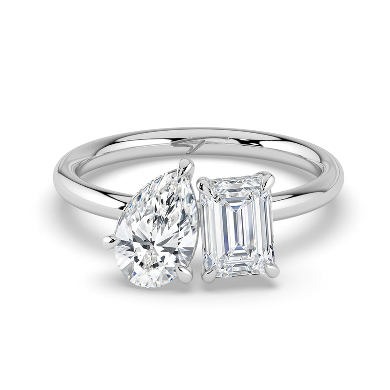 The Eloise Ring — Pear and Emerald Hidden Halo Toi Et Moi Lab-Grown Diamond Engagement Ring in White Gold | The Jewel Concierge