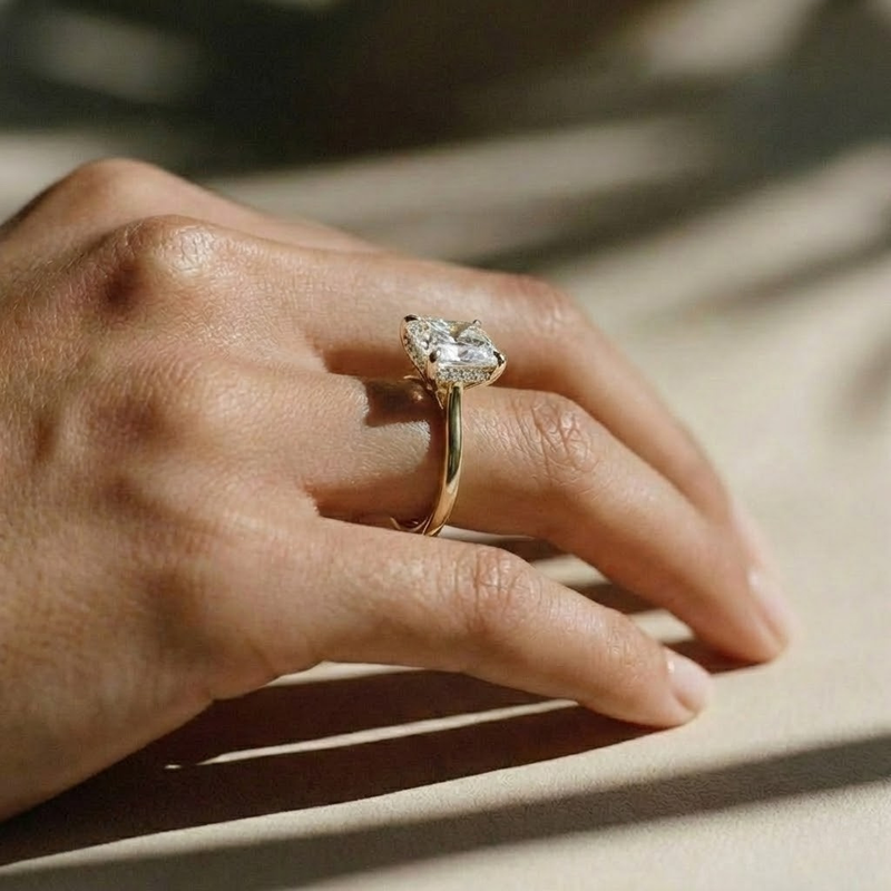 The Aquila Ring – Cushion Cathedral with Hidden Halo & Pavé Bridge in 14K White Gold – The Jewel Concierge