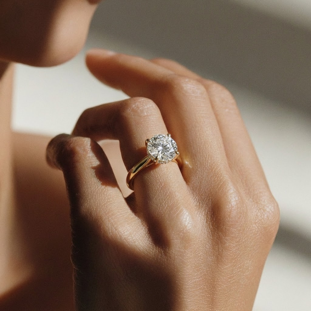The Aquila Ring – Round Cathedral with Hidden Halo & Pavé Bridge in 14K White Gold – The Jewel Concierge