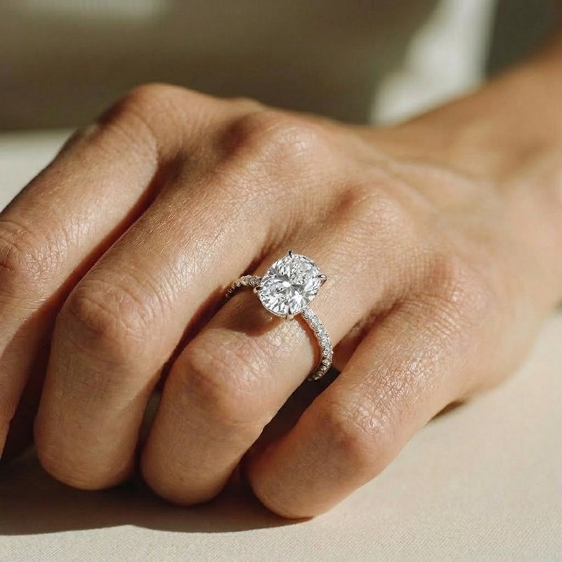 The Astra Ring - Elongated Cushion Solitaire with Pavé Band