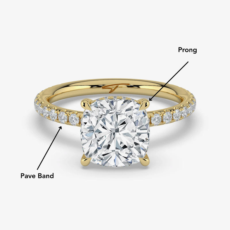visual illustration of the anatomy of a cushion solitaire engagement ring - The Jewel Concierge