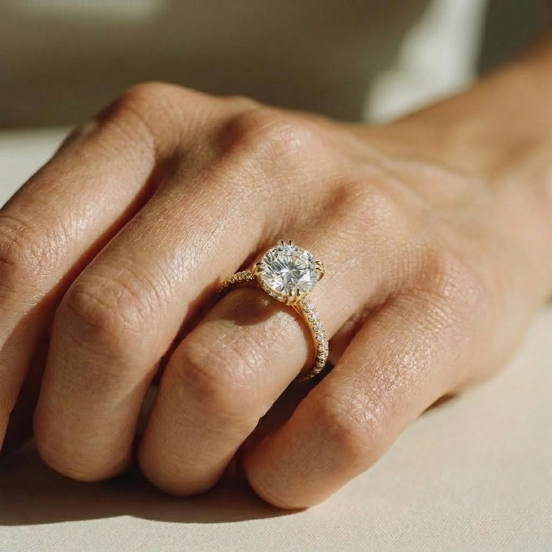 The Cara Ring – Round Cathedral with Hidden Halo & Pavé Band in 14K White Gold – The Jewel Concierge