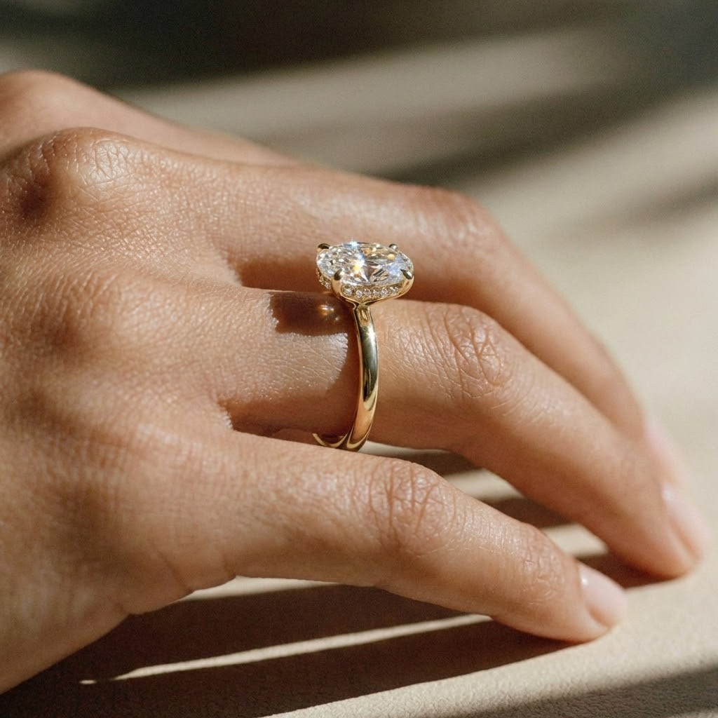 The Celeste Ring - Oval Solitaire with Hidden Halo