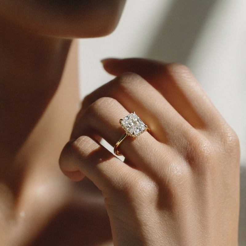 The Celeste Ring – Radiant Solitaire with Hidden Halo in 14K White Gold – The Jewel Concierge