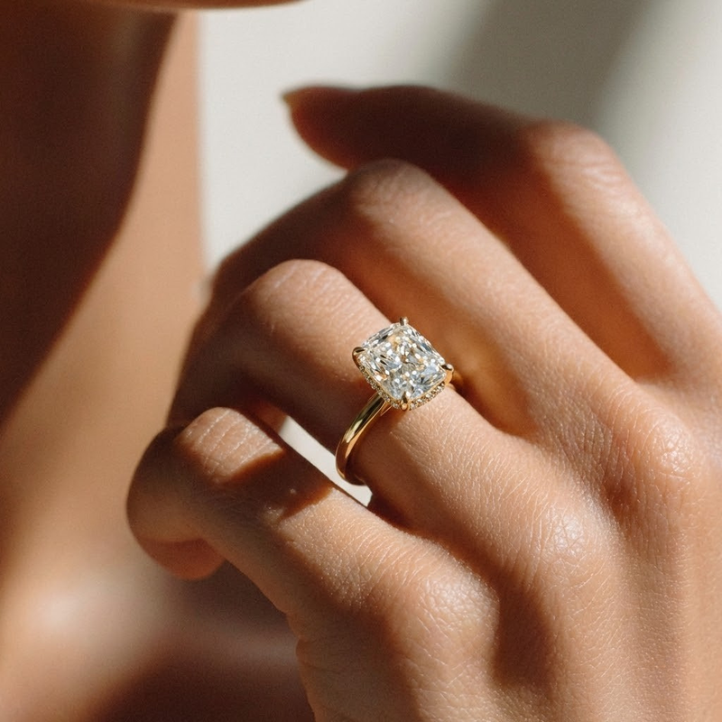 The Celeste Ring - Elongated Cushion Solitaire with Hidden Halo