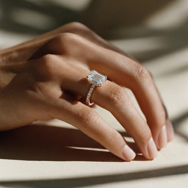 The Cara Ring – Emerald Cathedral with Hidden Halo & Pavé Band in 14K White Gold – The Jewel Concierge