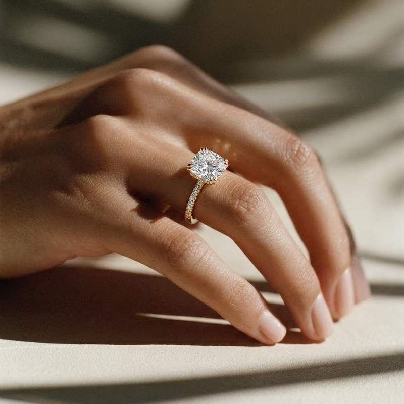 The Cara Ring – Cushion Cathedral with Hidden Halo & Pavé Band in 14K White Gold – The Jewel Concierge