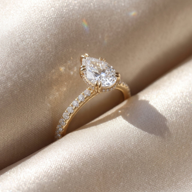 The Cara Ring — Pear Cathedral with Hidden Halo & Pavé Band Lab-Grown Diamond Engagement Ring in Yellow Gold | The Jewel Concierge