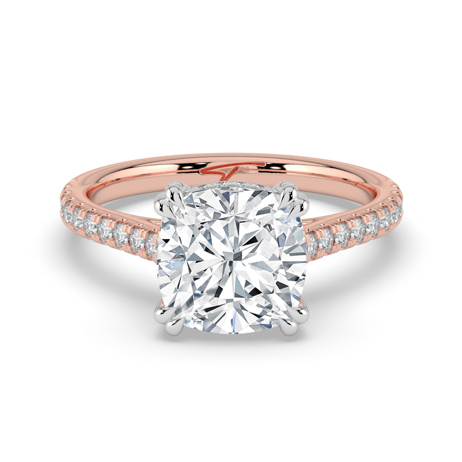The Cara Ring — Cushion Cathedral with Hidden Halo & Pavé Band Lab-Grown Diamond Engagement Ring in Two-Tone Rose and White Gold | The Jewel Concierge
