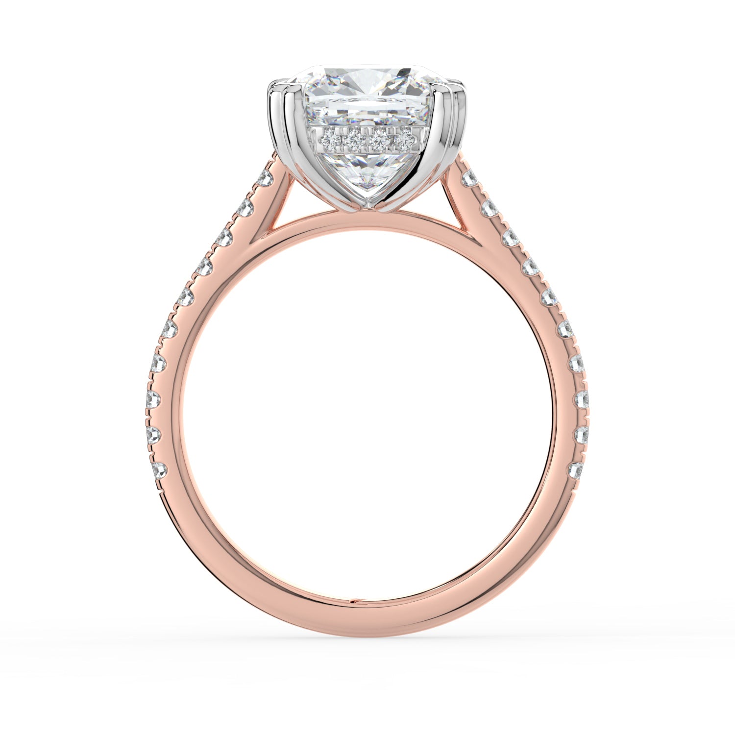 The Cara Ring — Cushion Cathedral with Hidden Halo & Pavé Band Lab-Grown Diamond Engagement Ring in Two-Tone Rose and White Gold | The Jewel Concierge