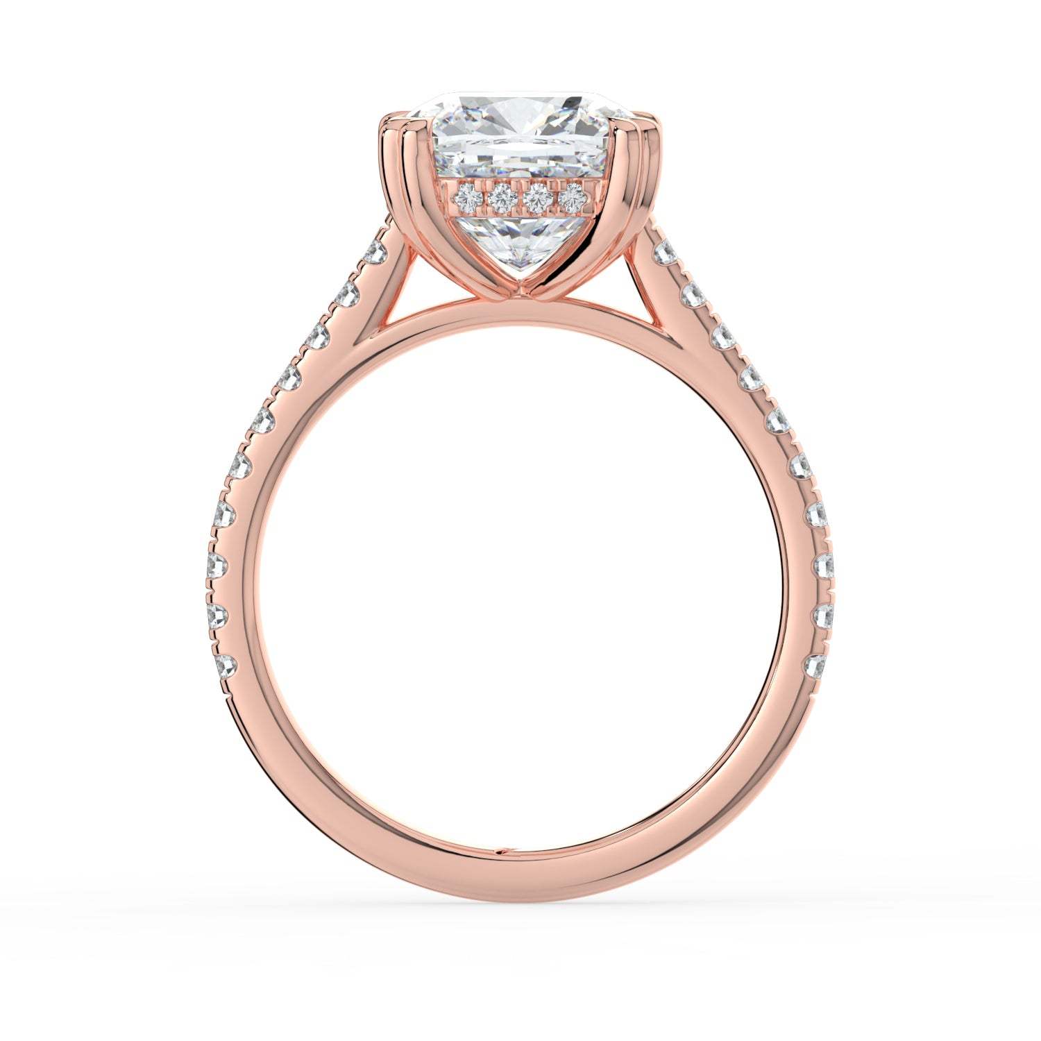 The Cara Ring — Cushion Cathedral with Hidden Halo & Pavé Band Lab-Grown Diamond Engagement Ring in Rose Gold | The Jewel Concierge