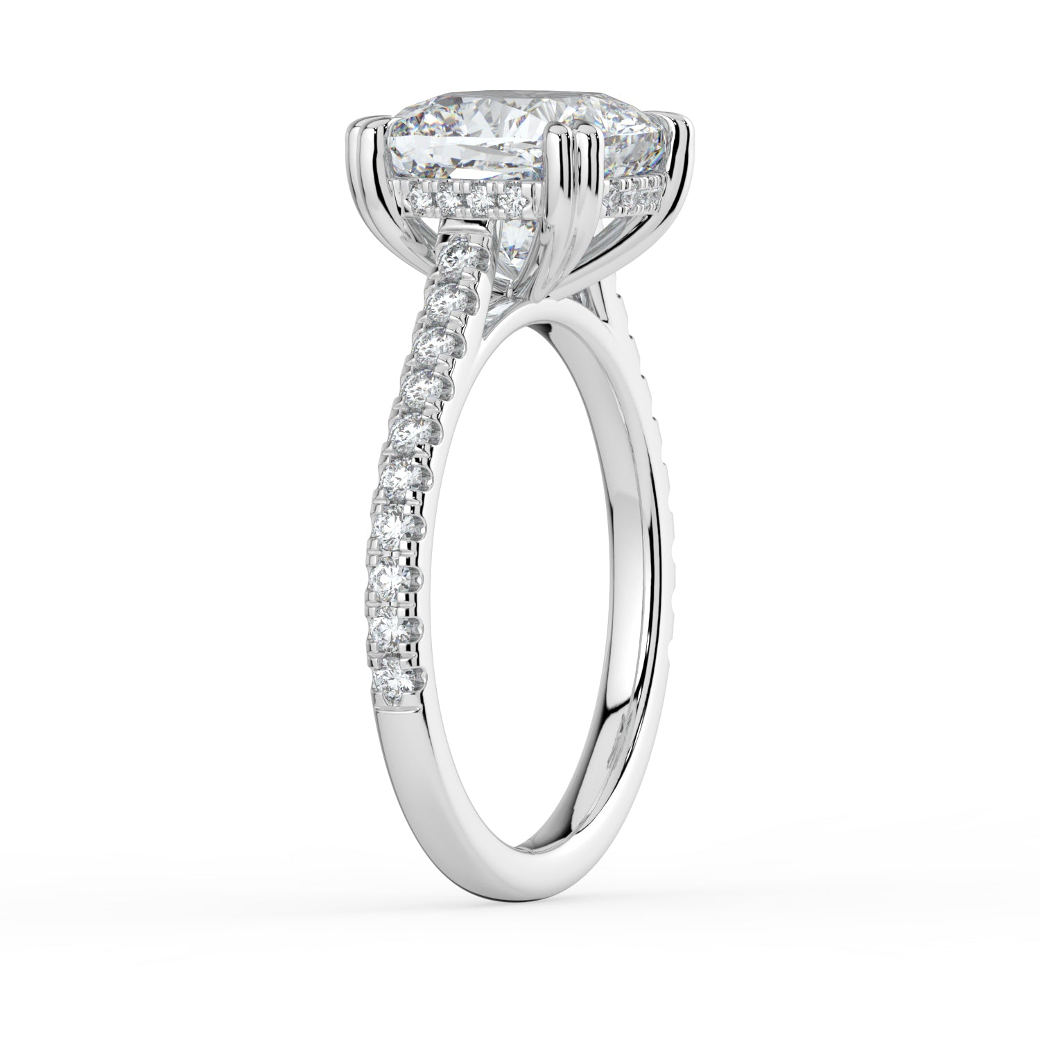 The Cara Ring — Cushion Cathedral with Hidden Halo & Pavé Band Lab-Grown Diamond Engagement Ring in White Gold | The Jewel Concierge