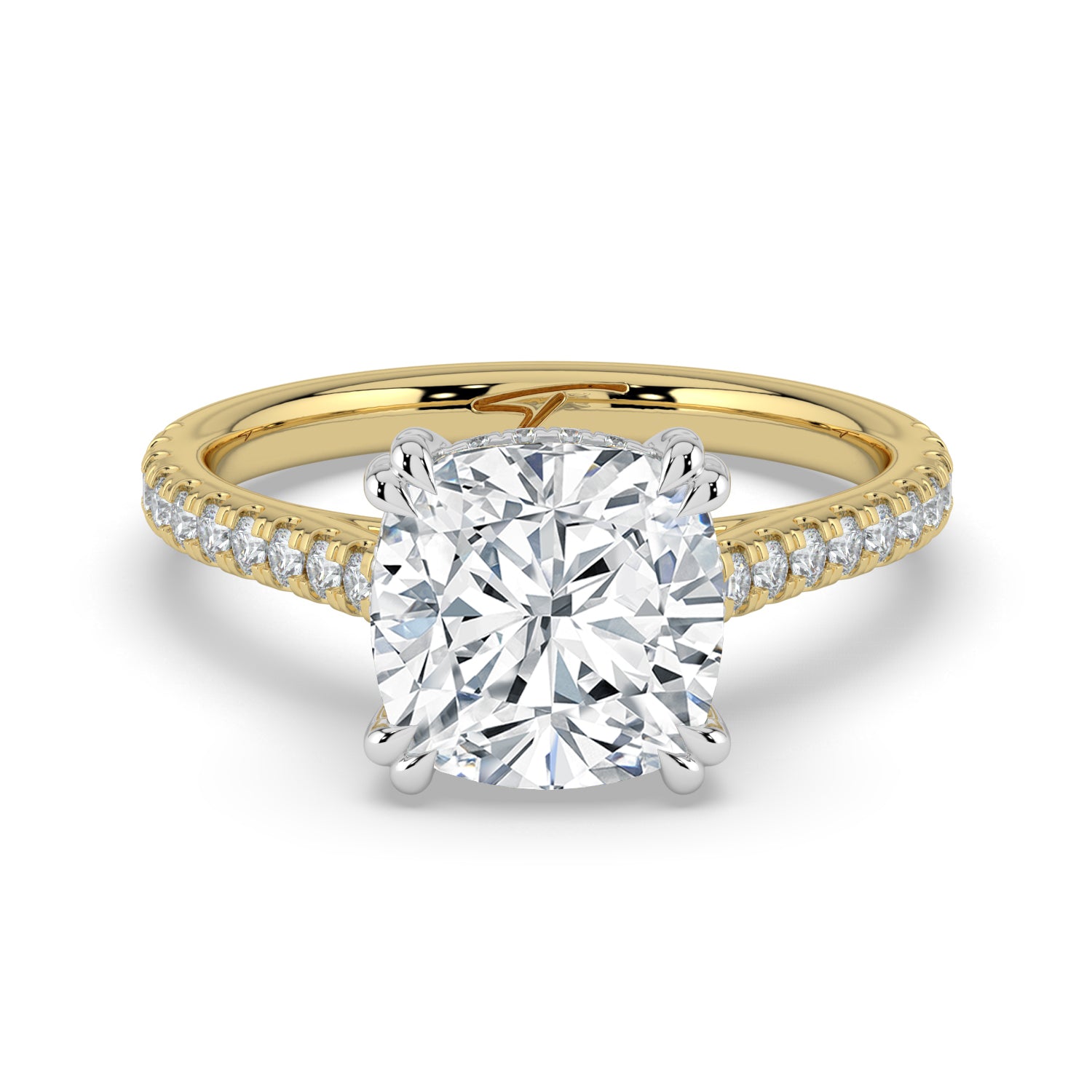 The Cara Ring — Cushion Cathedral with Hidden Halo & Pavé Band Lab-Grown Diamond Engagement Ring in Two-Tone Yellow and White Gold | The Jewel Concierge