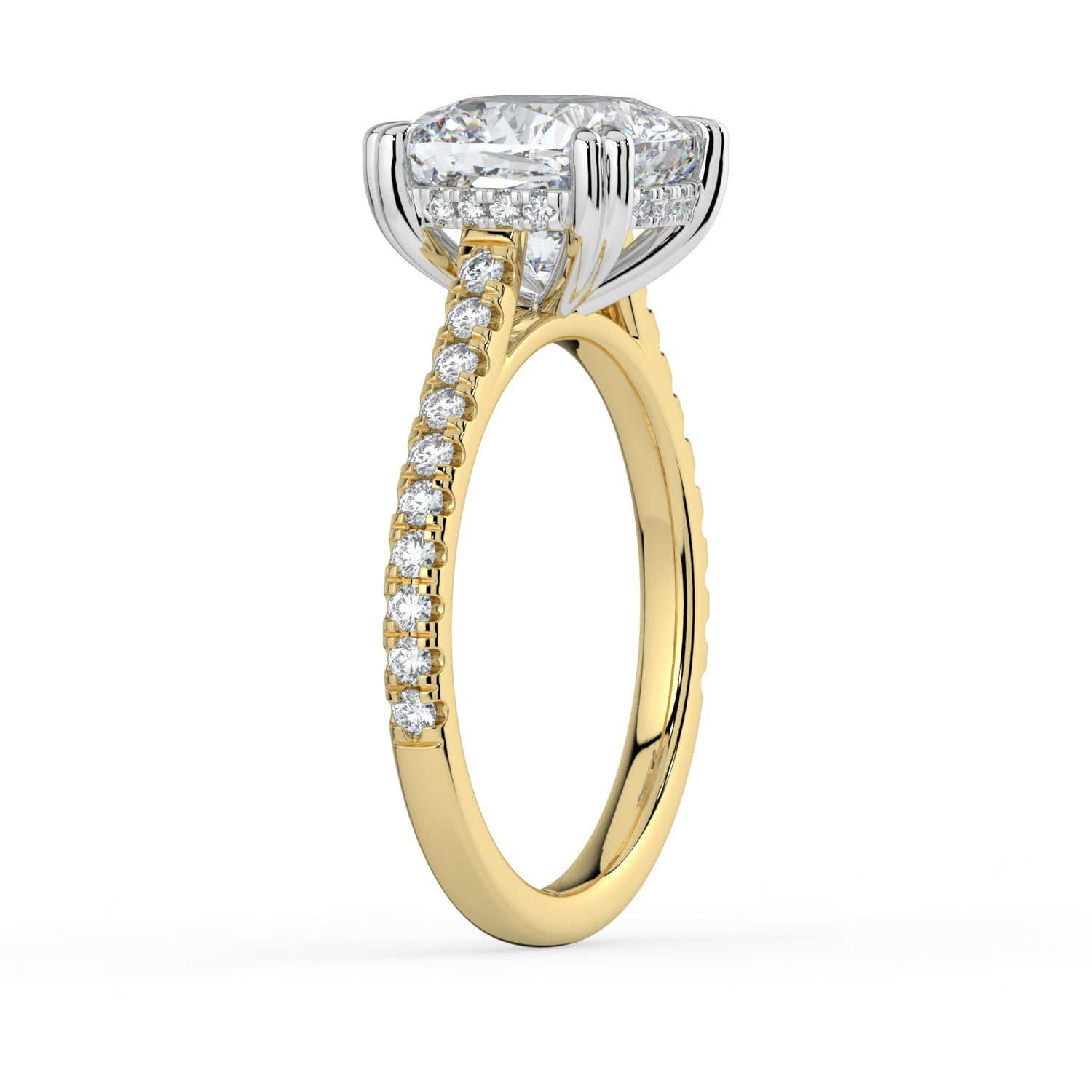The Cara Ring — Cushion Cathedral with Hidden Halo & Pavé Band Lab-Grown Diamond Engagement Ring in Two-Tone Yellow and White Gold | The Jewel Concierge