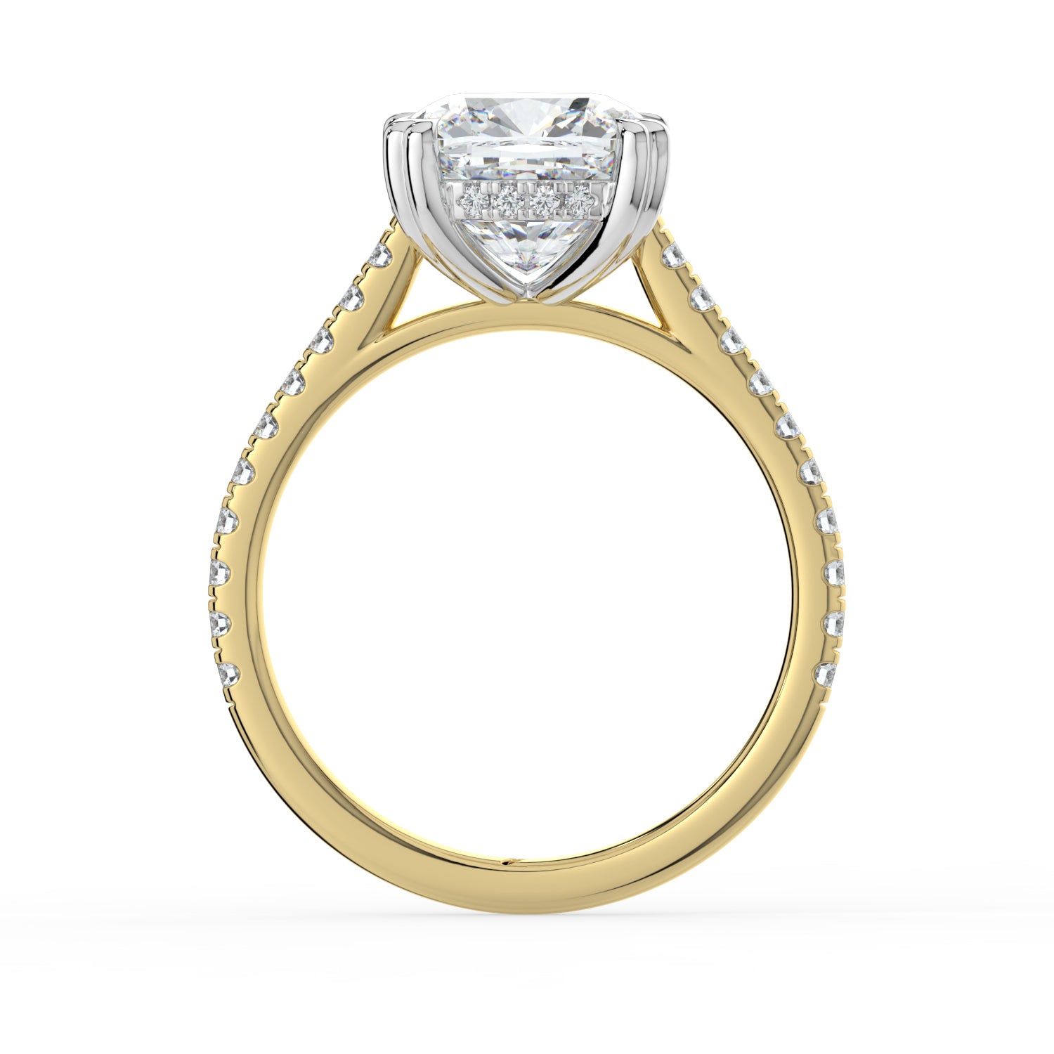 The Cara Ring — Cushion Cathedral with Hidden Halo & Pavé Band Lab-Grown Diamond Engagement Ring in Two-Tone Yellow and White Gold | The Jewel Concierge