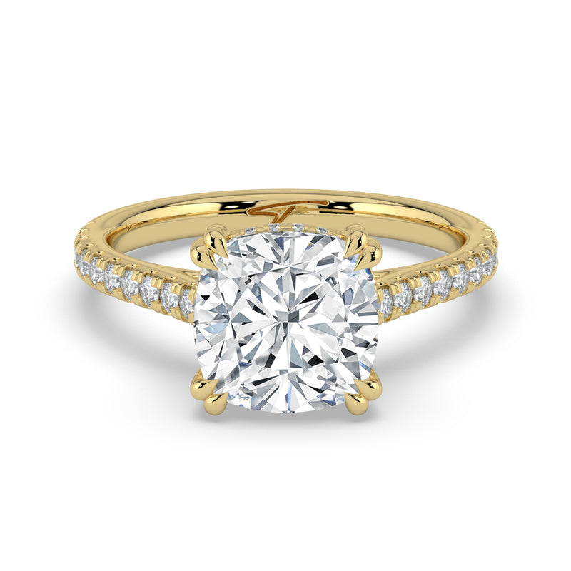 The Cara Ring — Cushion Cathedral with Hidden Halo & Pavé Band Lab-Grown Diamond Engagement Ring in Yellow Gold | The Jewel Concierge