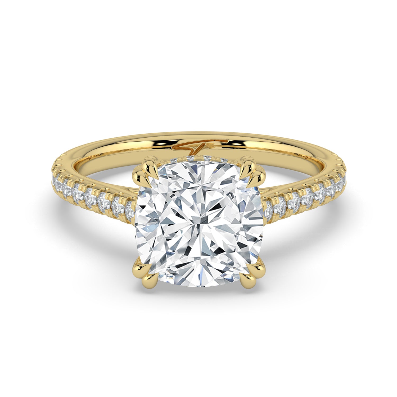 The Cara Ring — Cushion Cathedral with Hidden Halo & Pavé Band Lab-Grown Diamond Engagement Ring in Yellow Gold | The Jewel Concierge