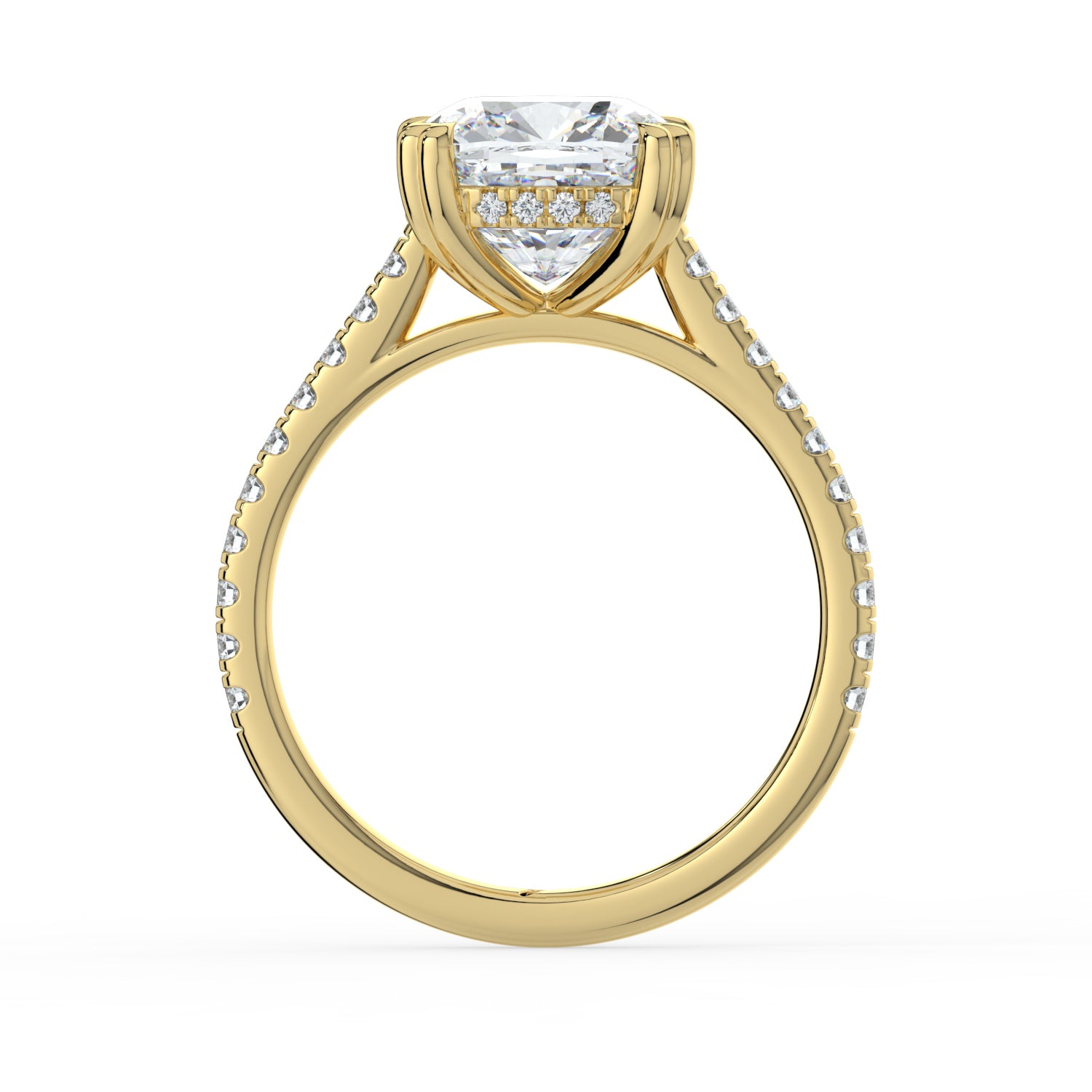 The Cara Ring — Cushion Cathedral with Hidden Halo & Pavé Band Lab-Grown Diamond Engagement Ring in Yellow Gold | The Jewel Concierge