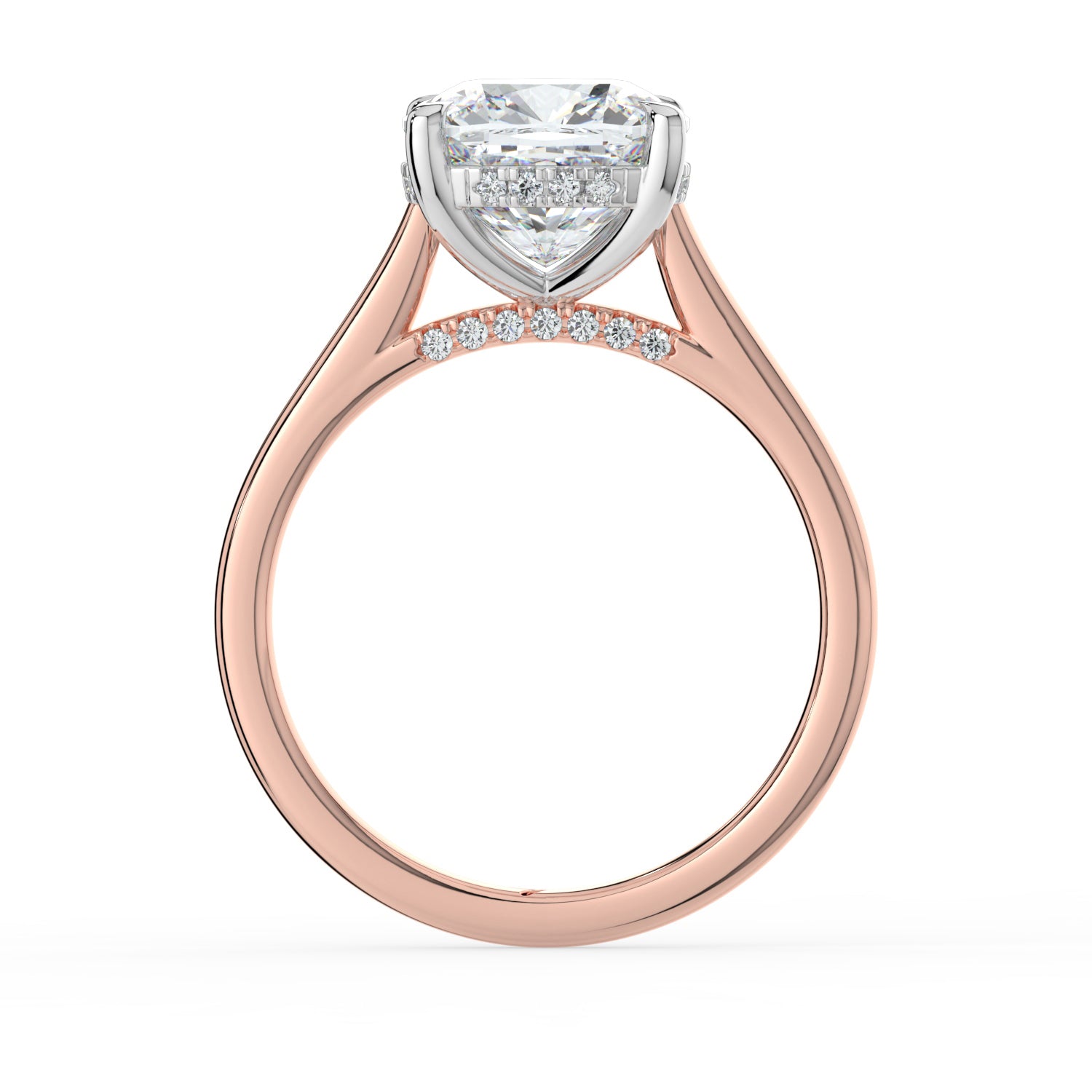 The Aquila Ring – Cushion Cathedral with Hidden Halo & Pavé Bridge in 14K White Gold and Rose Gold – The Jewel Concierge
