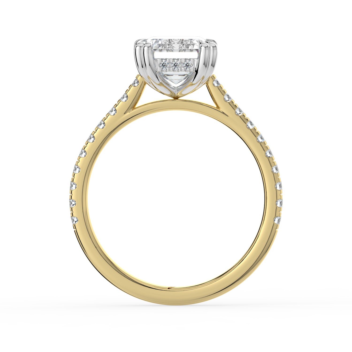 The Cara Ring - 2.00 ct. Emerald Cathedral with Hidden Halo & Pavé Band