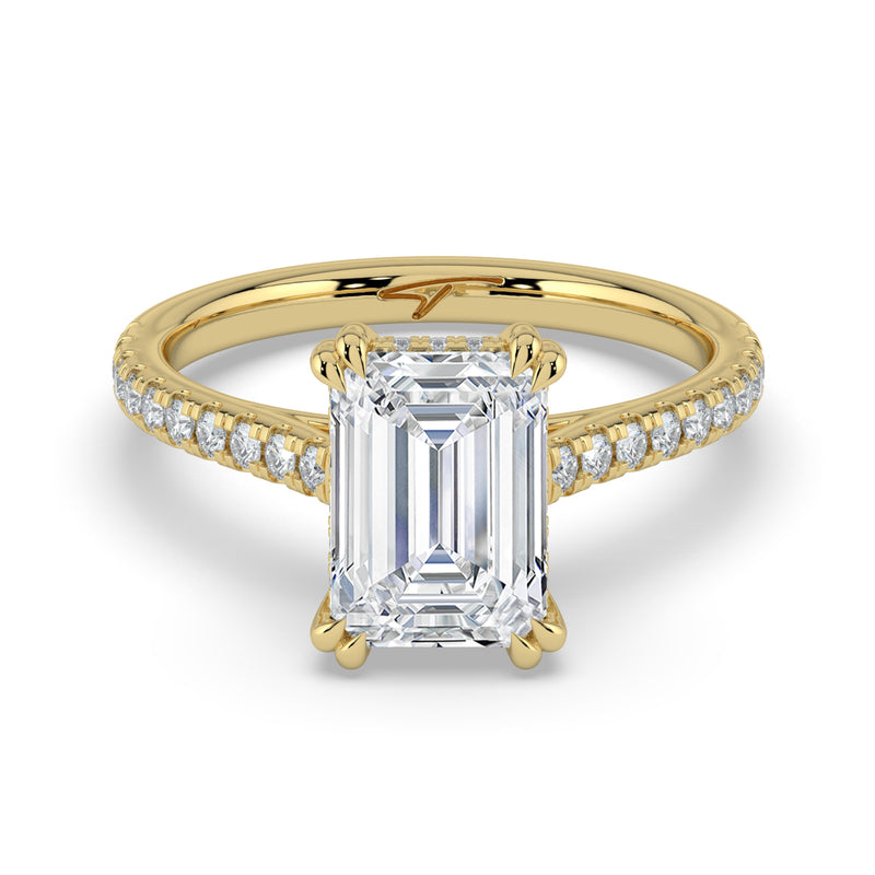 The Cara Ring – Emerald Cathedral with Hidden Halo & Pavé Band in 14K Yellow Gold – The Jewel Concierge