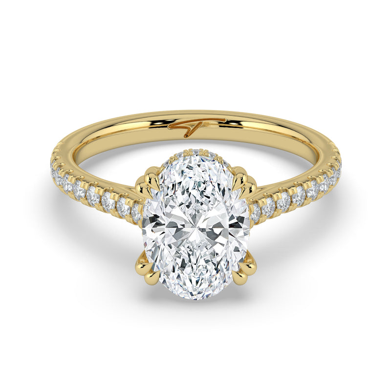 The Cara Ring – Oval Cathedral with Hidden Halo & Pavé Band in 14K Yellow Gold – The Jewel Concierge