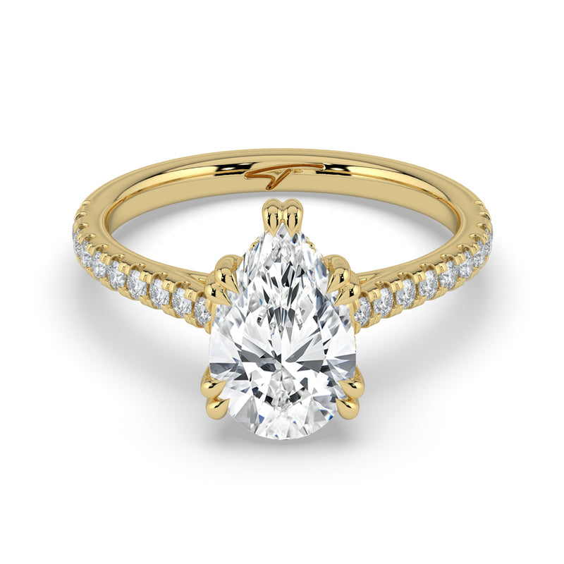 The Cara Ring – Pear Cathedral with Hidden Halo & Pavé Band in 14K Yellow Gold – The Jewel Concierge