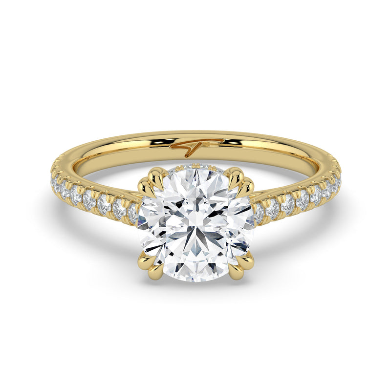 The Cara Ring – Round Cathedral with Hidden Halo & Pavé Band in 14K Yellow Gold – The Jewel Concierge