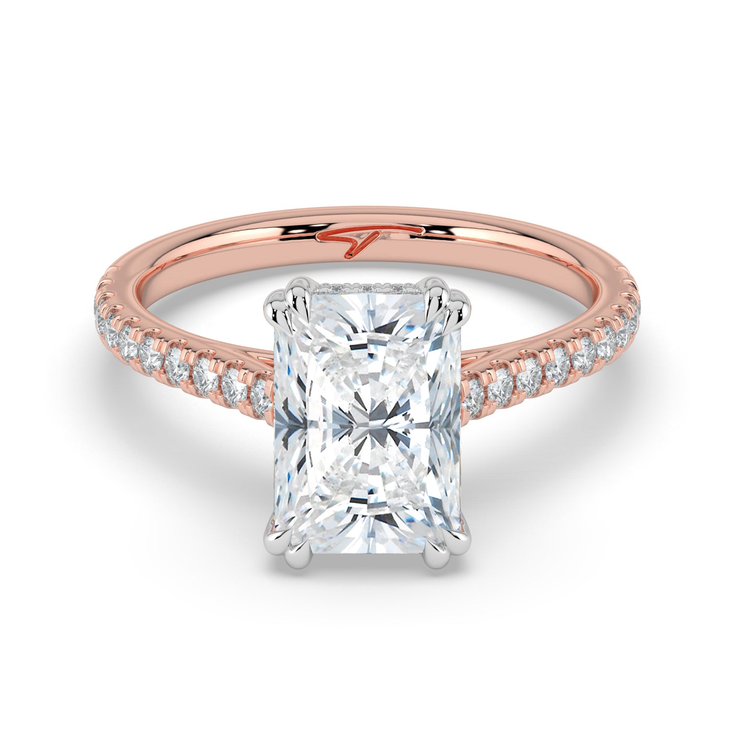 The Cara Ring — Radiant Cathedral with Hidden Halo & Pavé Band Lab-Grown Diamond Engagement Ring in Two-Tone Rose and White Gold | The Jewel Concierge