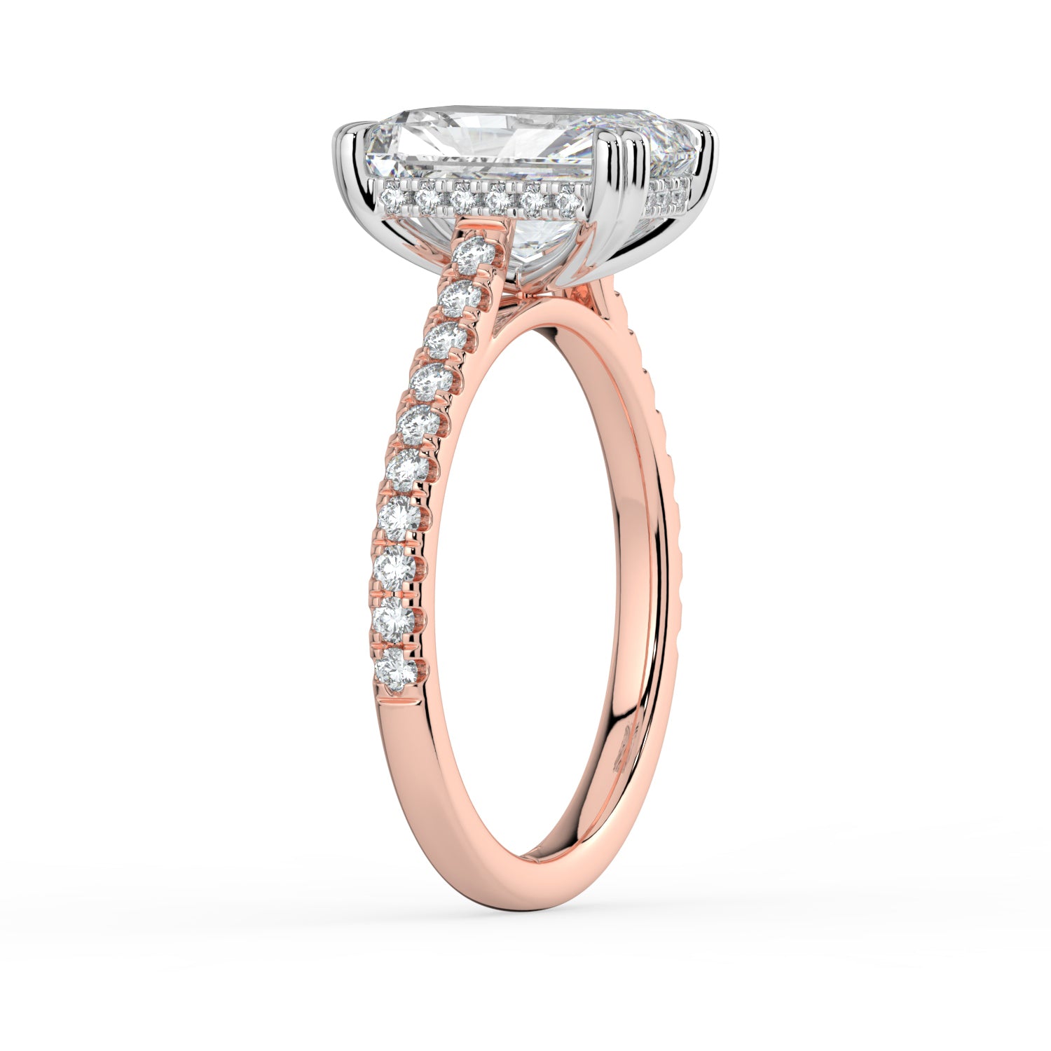 The Cara Ring — Radiant Cathedral with Hidden Halo & Pavé Band Lab-Grown Diamond Engagement Ring in Two-Tone Rose and White Gold | The Jewel Concierge