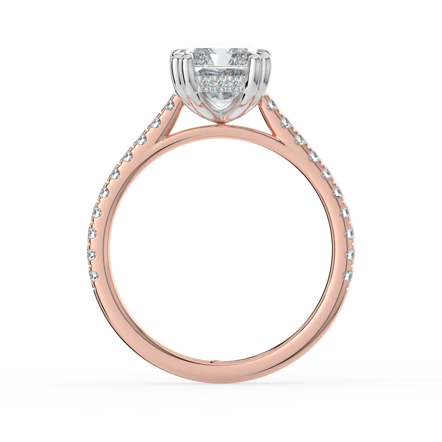 The Cara Ring — Radiant Cathedral with Hidden Halo & Pavé Band Lab-Grown Diamond Engagement Ring in Two-Tone Rose and White Gold | The Jewel Concierge