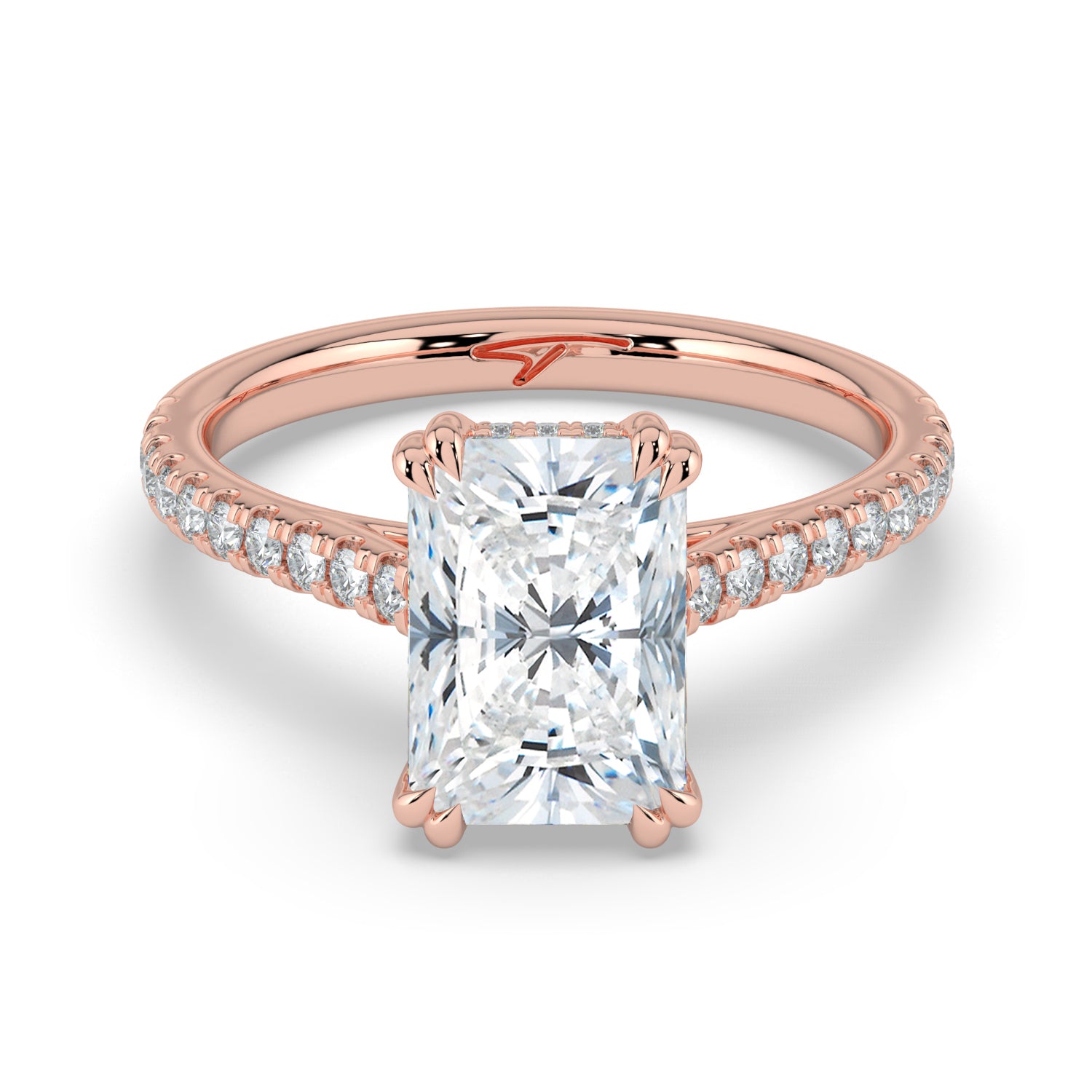 The Cara Ring — Radiant Cathedral with Hidden Halo & Pavé Band Lab-Grown Diamond Engagement Ring in Rose Gold | The Jewel Concierge
