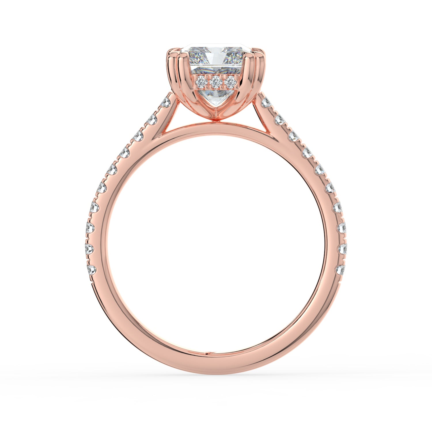 The Cara Ring — Radiant Cathedral with Hidden Halo & Pavé Band Lab-Grown Diamond Engagement Ring in Rose Gold | The Jewel Concierge