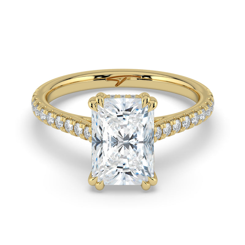 The Cara Ring – Radiant Cathedral with Hidden Halo & Pavé Band in 14K Yellow Gold – The Jewel Concierge
