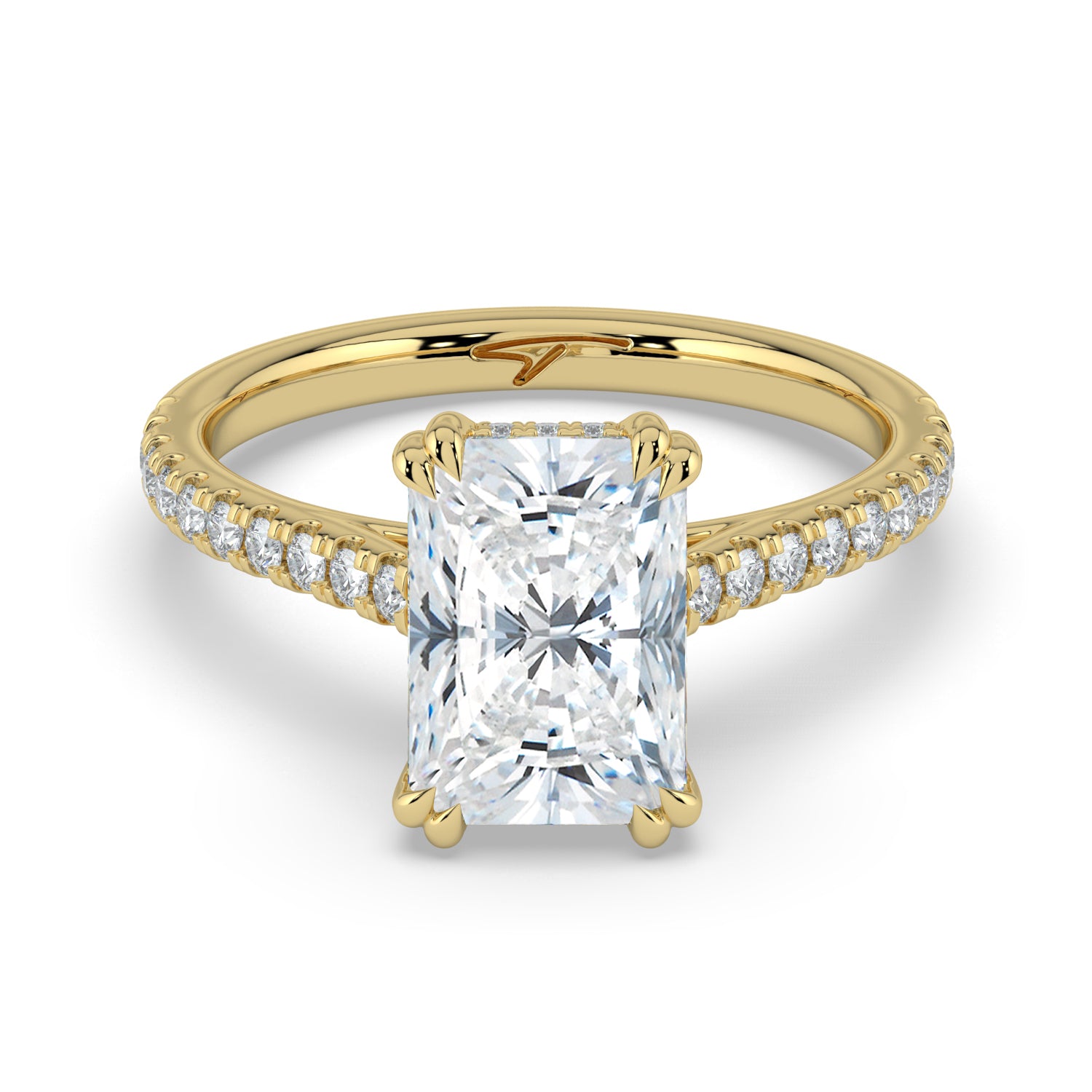 The Cara Ring — Radiant Cathedral with Hidden Halo & Pavé Band Lab-Grown Diamond Engagement Ring in Yellow Gold | The Jewel Concierge