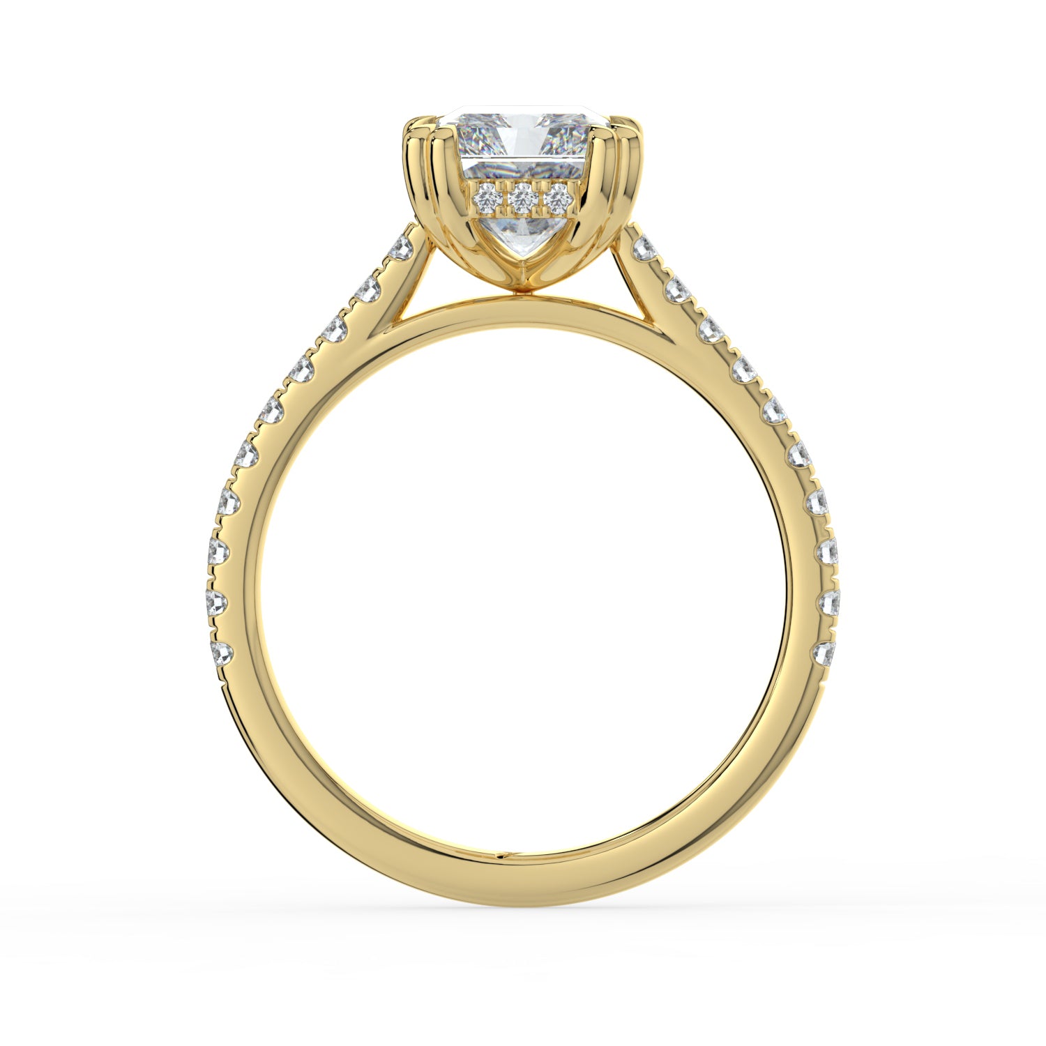The Cara Ring — Radiant Cathedral with Hidden Halo & Pavé Band Lab-Grown Diamond Engagement Ring in Yellow Gold | The Jewel Concierge