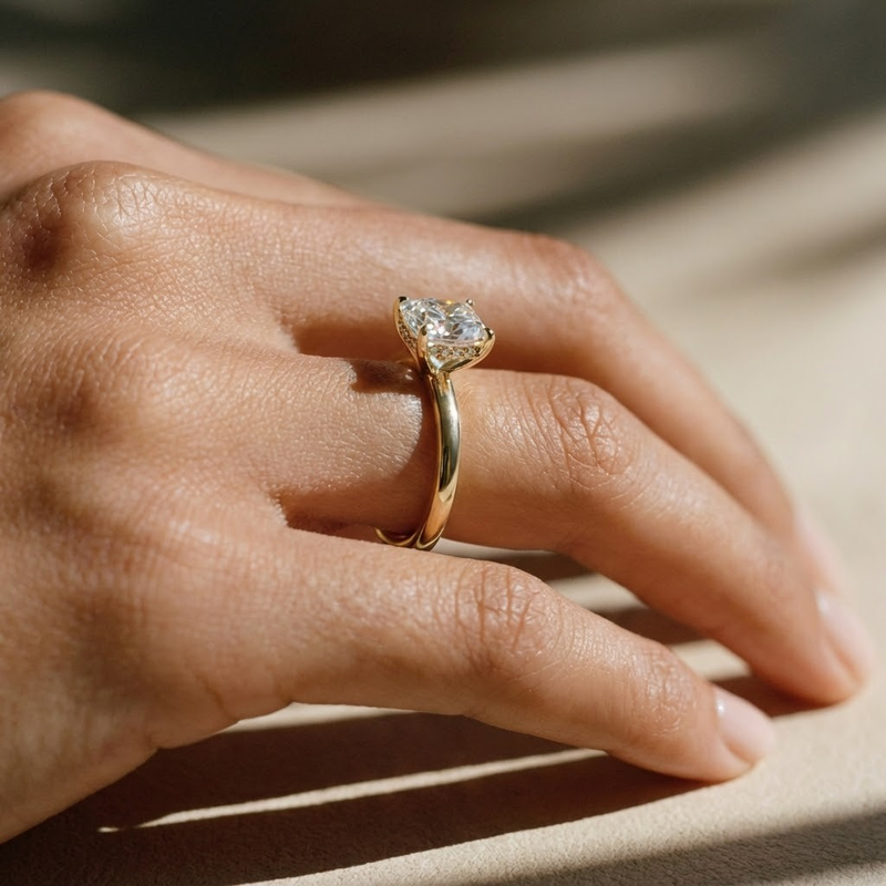 The Celeste Ring – Cushion Solitaire with Hidden Halo in 14K White Gold – The Jewel Concierge