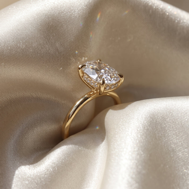 The Celeste Ring — Elongated Cushion Solitaire with Hidden Halo Lab-Grown Diamond Engagement Ring in Yellow Gold | The Jewel Concierge