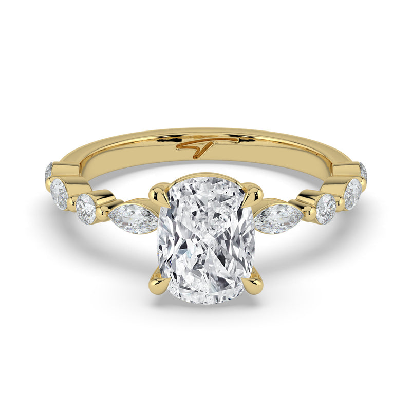 The Vega Ring – Cushion with Marquise & Round Accents in 14K Yellow Gold – The Jewel Concierge